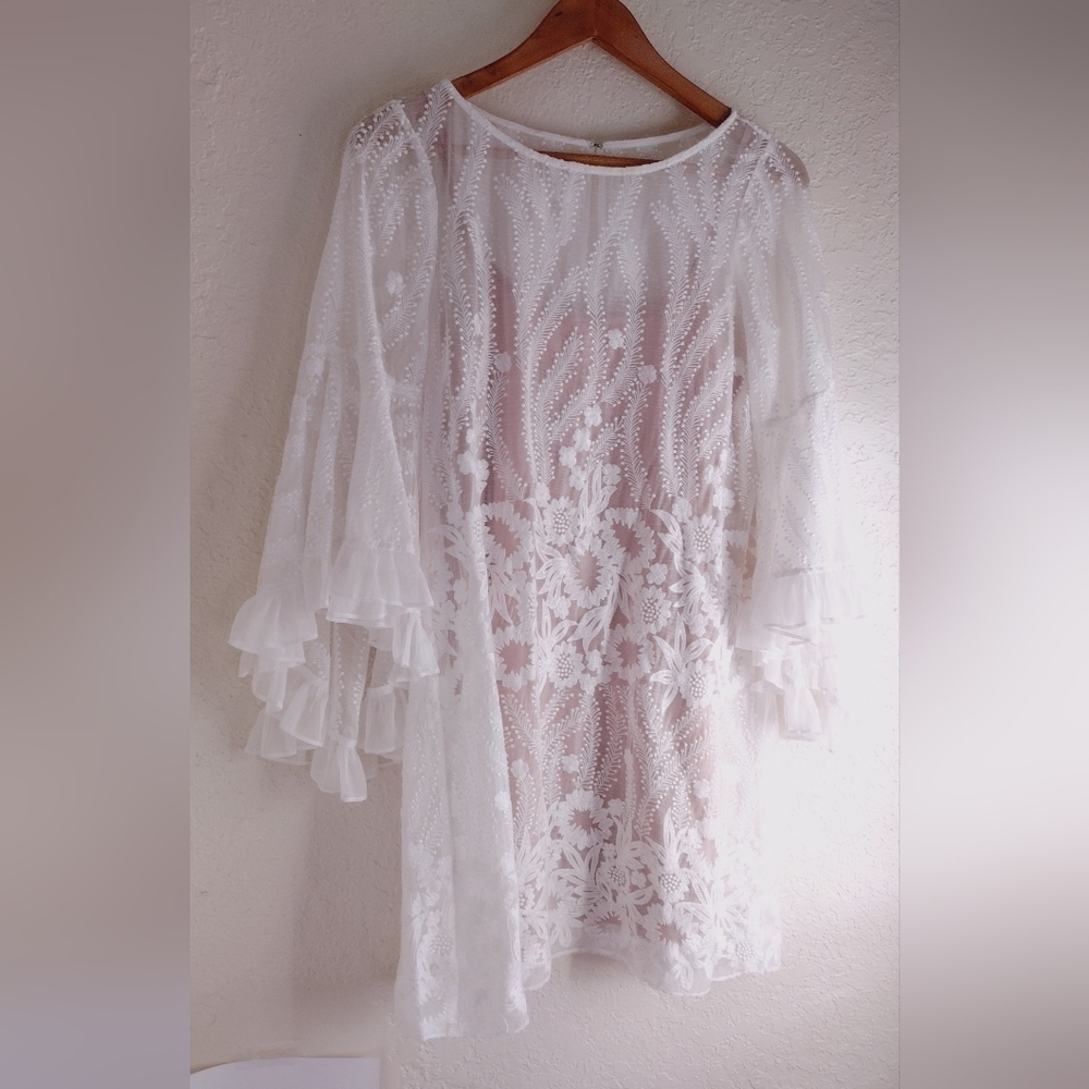 Badgley Mischka Soft White Sheer Lace Mini Dress With Nude Dress Slip - Picture 3 of 8